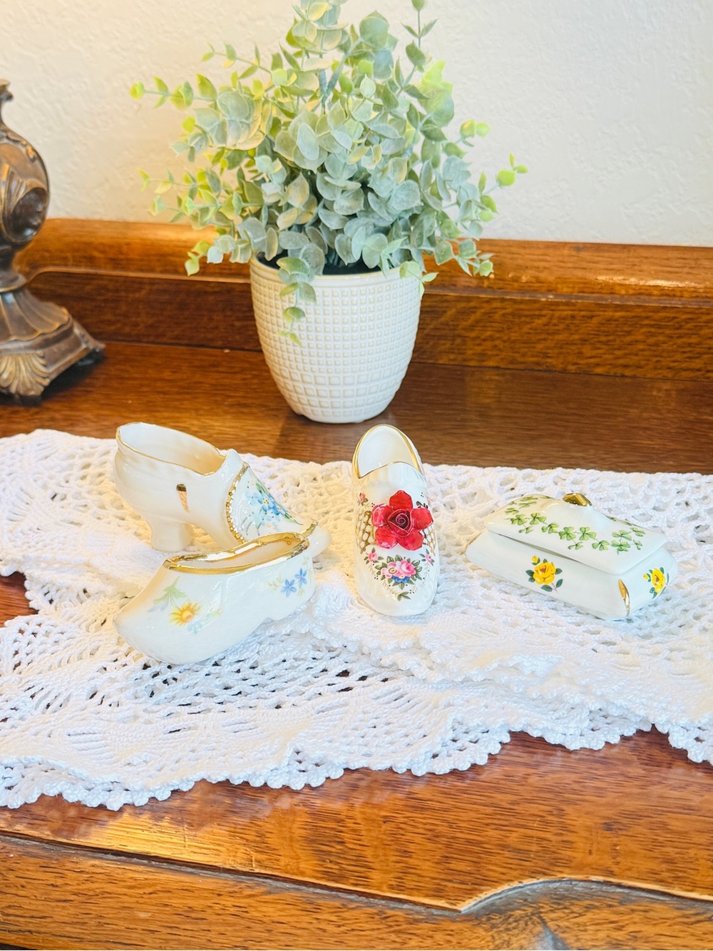 Vintage Porcelain Shoe Trio-English Trinket Box-Crochet Runner Bundle